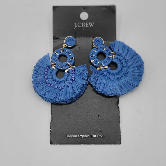 J Crew Blue Raffia Fan Earrings NWT!  NEW! - Picture 1 of 6